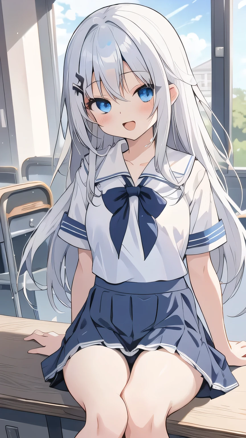 cute girl, アニメ, silver hair, straight hair, Blue eyes, (young:0.9), (small bust:0.5), (cute:1.3), (middle bust:0.8), (cute girl:1.2), cowboy shot, cute, side shot, (Smail:1.3), open mouth, backwards, (white school uniform:1.6), (dark blue skirt:1.6), ローアングル, close eyes, (cross legs:1.2), (seduce:1.4)