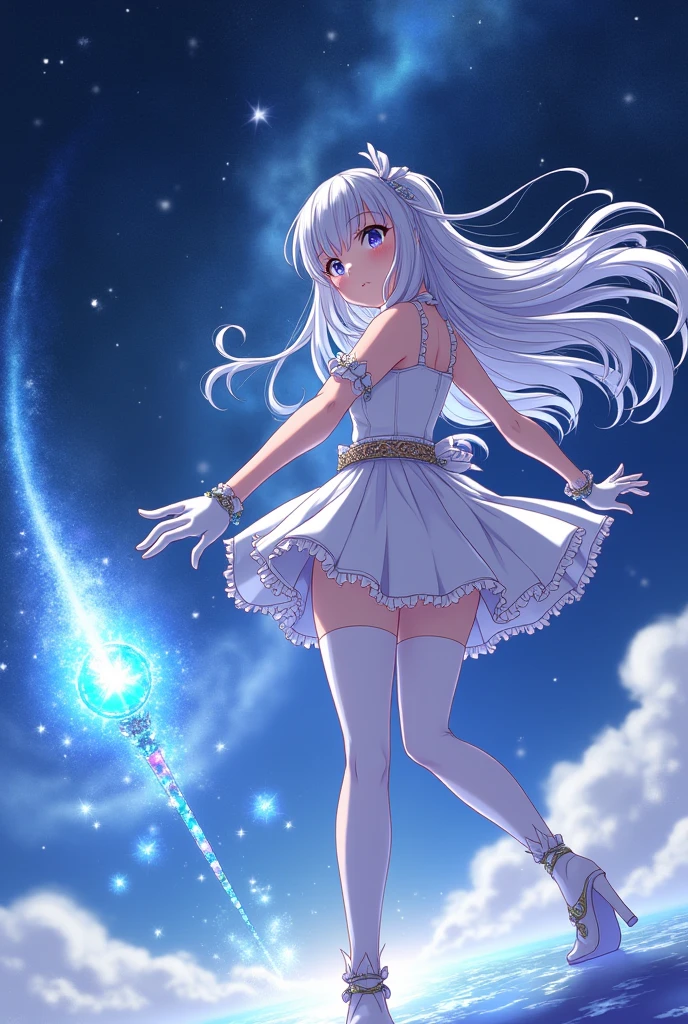 masterpiece, best quality, dynamic_angle,close-up,outdoors, street,sky,cherry_blossoms,horizon,cloud, 1 young girl,solo,standing,silver hair, blue_silver_eyes, glowing_eyes,hair_between_eyes,Shiromuku,see-through,bare shoulders,medium_breasts, elbow_gloves,very_long_hair,thighhighs,chignon,looking_at_viewer,open_mouth