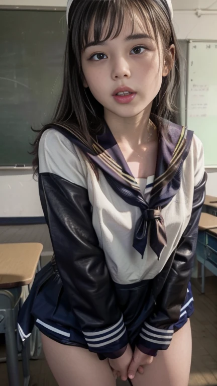 Viewer discretion advised,(masterpiece, Best Quality, Realistic, photo-Realistic:1.2), 8k, 超High resolution, High resolution, 超High resolution, Very detailed, (Front view portrait, Downward angle view), Alone, One Girl, Japanese schoolgirl,Black Hair, Fine skin, Pale skin, (In the classroom, Standing with your crotch exposed:1.4), (Sailor suit, Tied up with rope, Tattoos all over the body, penis:1.2), , (露出した小さな弛緩したpenis, 一本の大きなpenis:1.5,penisが抜け落ちた,penisのはえた女性,自分のpenisを握る,Dripping white semen:1.5),したpenis、大きなpenis、Masturbation、Both、Pink Lips,Wet lips,Blushing,Natural Bangs,penisの先端から液体が流れる,(Leather Collar:1.5),basement,ruins、Looking into the camera,Large testicles,(Great testicles),BDSM,Red lips,(Sailor suit:1.5),(Dynamic composition:1.2),sex,