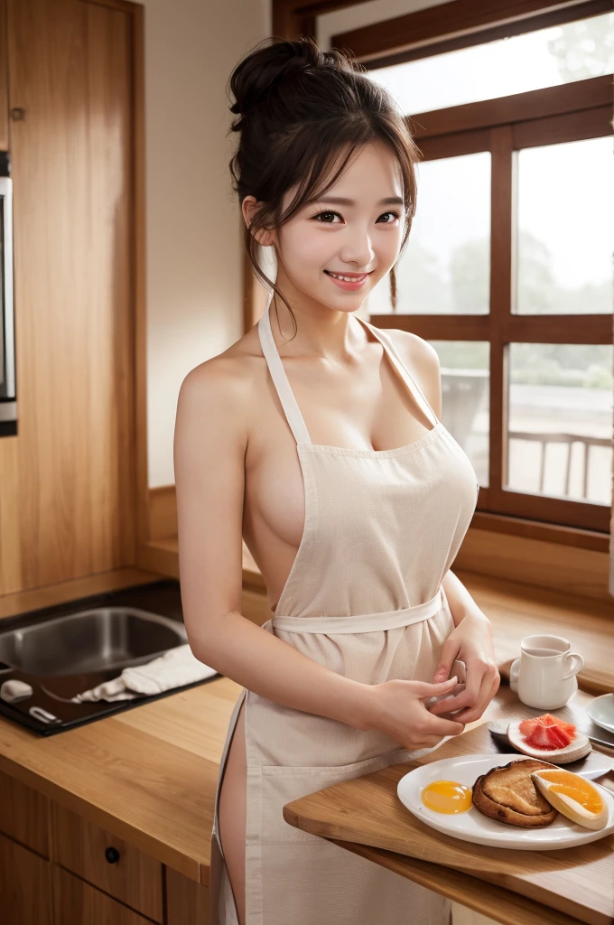 High resolution, One girl, Brown Hair, Medium Hair, Large Breasts, smile, Asian、apron