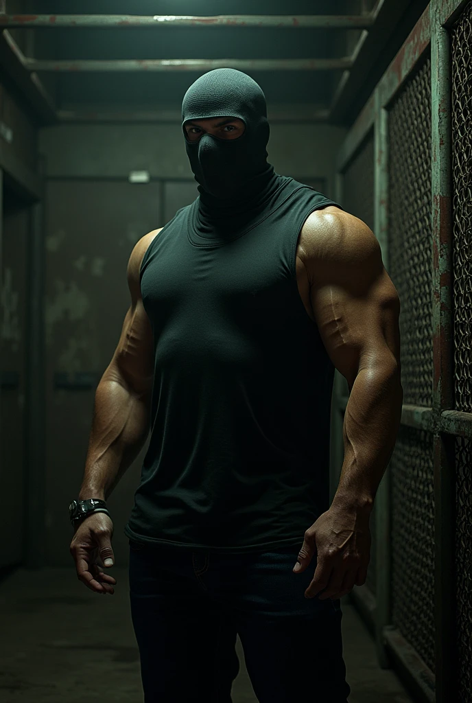 a beautiful handsome naked huge muscular male prisoner, standing blindfolded with his head in a full mask, full body view, in the corner of an empty darkened room, seen from a low angle