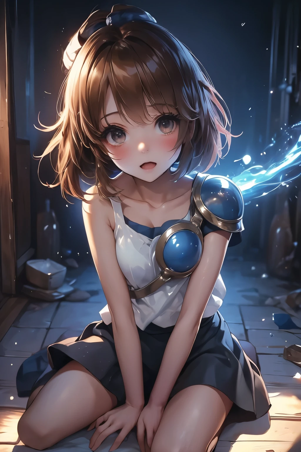 (((SFW、sound、Highest quality、first-clasasterpiece、Normal body、8k、Detailed face、Ultra-precision、Normal hand、Normal finger、5finger、Highest)))、beautiful girl、Brown Hair、Bobcut、slender、low length、thin feet、Arles Naja、Puyo Puyo、Sorcerer、Blue short-sleeved shirt、White tank top、Tank top over shirt、Blue mini skirt、Half shoulder pad、Half Breastplate、blush、cave、Torn garments、ripped tank top、Ripped shirt、Torn skirt、Skirt flipped up、Skirt disheveled、You can see the pure white pants、He is surprised that his clothes have been torn apart.、Exposed skin、Slave's first round、first round、Slave's first round、鉄のfirst round、first roundにリード、Fallen Slave、Chained、Make the child get on all fours、dorsal position、Place both hands on the ground、Make someone crawl、bow down、Scared、Trembling、Heavy breathing