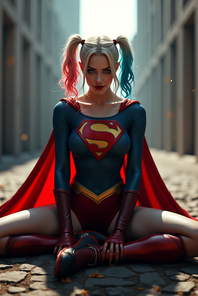 ((High resolution, best quality, absurd, masterpiece, detailed face, 4k)) Beautiful woman happy (26 years old), detailed face, short hair, blue eyes, lying on the floor looking at you, Supergirl Super Heroine