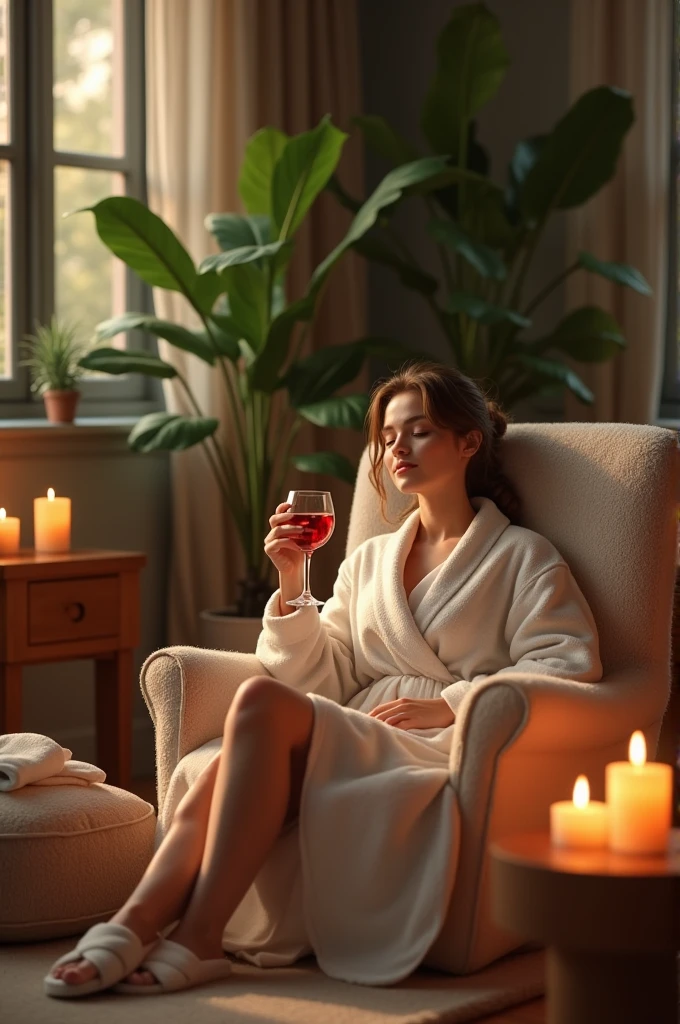 Image of woman in a living room, They do laser hair removal and enjoy having a drink, with a laser hair removal machine and a glass of wine while being waxed