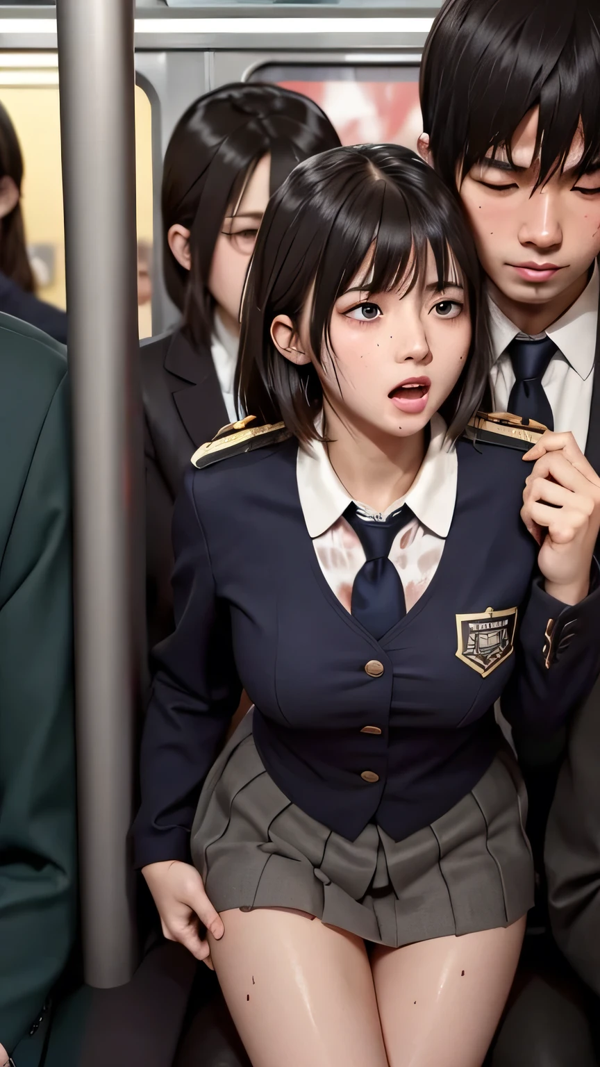 ( girl), Crowded train, uniform, Embarrassing, Being molested, nsfw, Sheer, Wet, Detailed face, Molesting man,