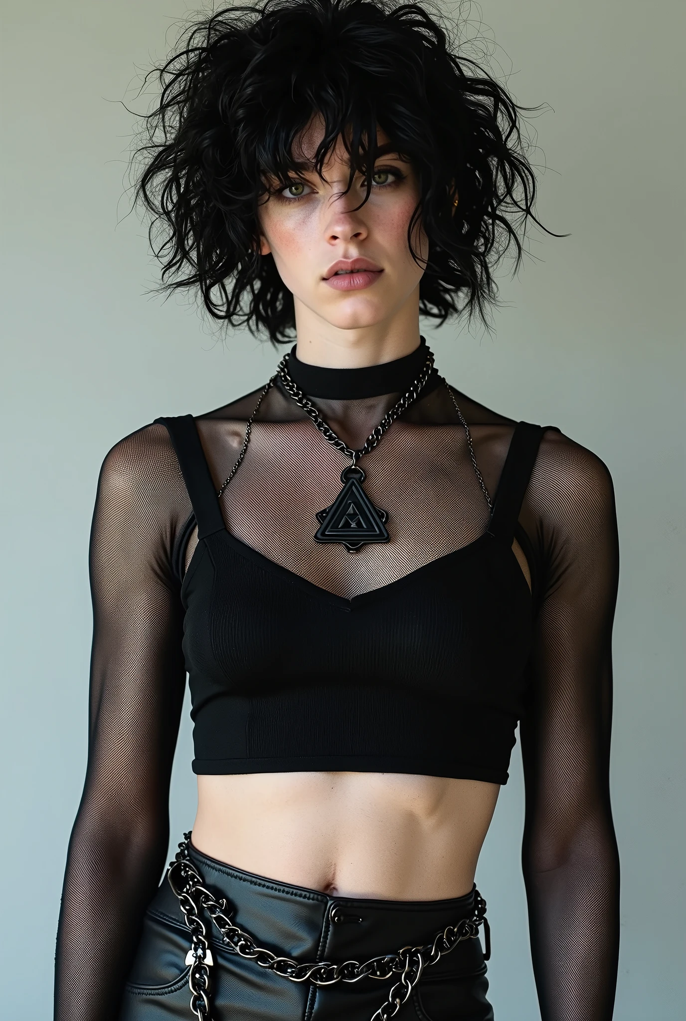 NSFW - NUDITY - Full-length photo of Girl with gothic net symbolic accessories, 。.com (Barbed wire of the body) brunette color hair,Gray hair ends