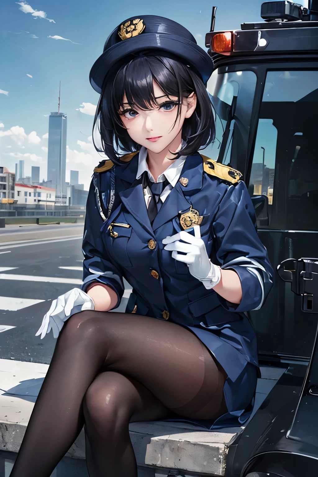 Best Quality、masterpiece、8k、Realistic、超High resolution、Very delicate and beautiful、High resolution、Cinema Lighting、Beautiful woman、Mature Woman、Beautiful Eyes、Cityscape、(Short black hair)、((Navy blue female police officer)),((uniform))((White gloves))、((Black Pantyhose))、((tiletto heel pumps、Police Badge、Epaulettes、((Crossing your legs)),((Whole body expression)),((sit)),((脚を組んでsit)),((Perfect human structure)),((One person))