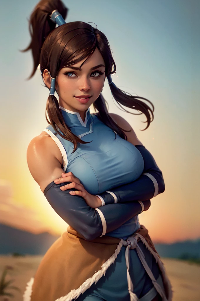 (masterpiece, best quality:1.2), cowboy shot, solo, 1girl, korra, dark skin, dark-skinned female, smile, looking at viewer, crossed arms, ponytail, hair tubes, sleeveless, bare shoulders, breast implantsfake titsunaligned breastsperfectly round breasts