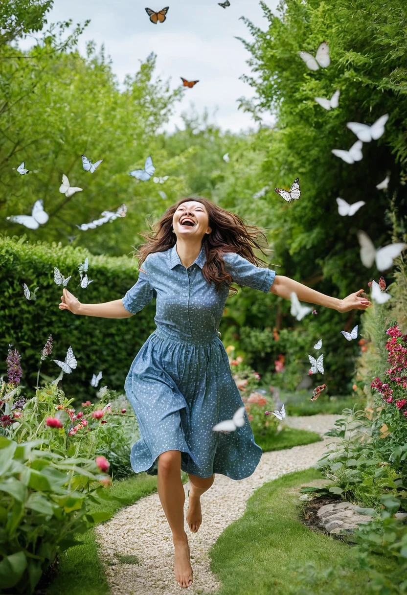 A woman laughs while chasing butterflies in a garden, her movements flowing with dynamixpoze, masterpiece, best quality, amazing quality, very aesthetic, absurdres.