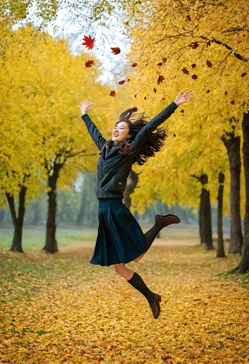 A woman jumps to catch falling leaves, her dynamic posture filled with dynamixpoze, masterpiece, best quality, amazing quality, very aesthetic, absurdres.