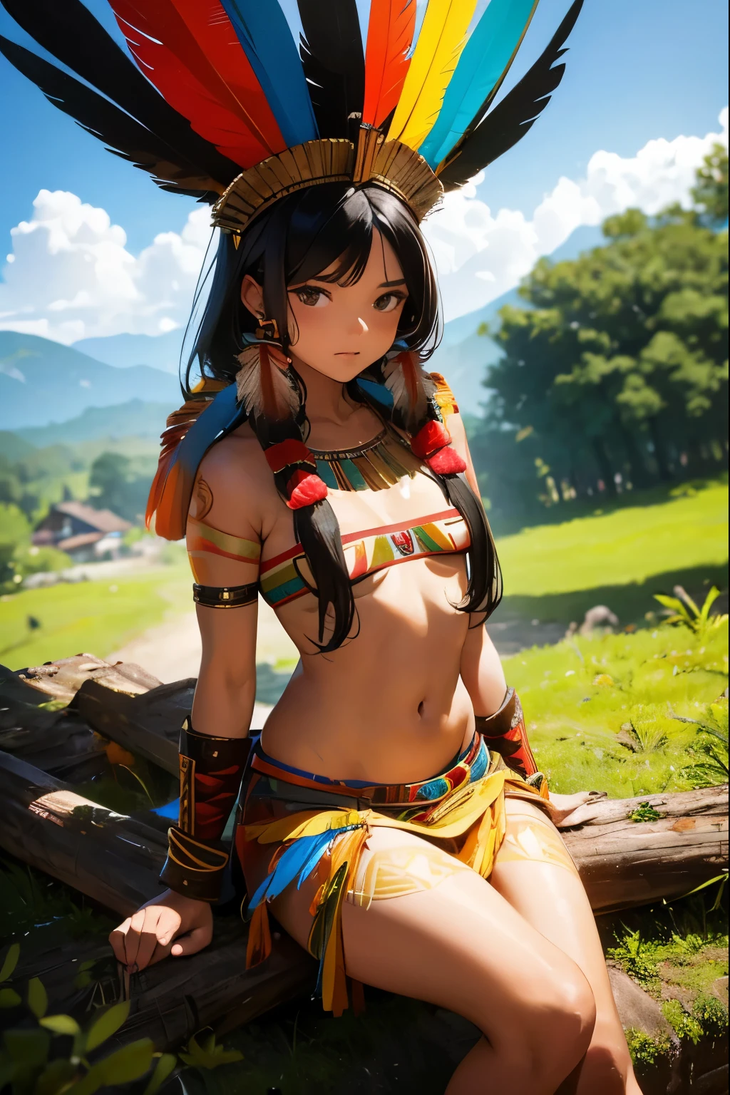 indigenous girl in native with feathers and feathers on her head, dread, voluminous hair, female amazon warrior armor, armor bra, low waist, small breasts, visible navel, shapely legs, Brazil, wooded indigenous village, houses wood in the background,young, very young,teen, , sitting on throne, SFW, jewelry, colorful, vibrant