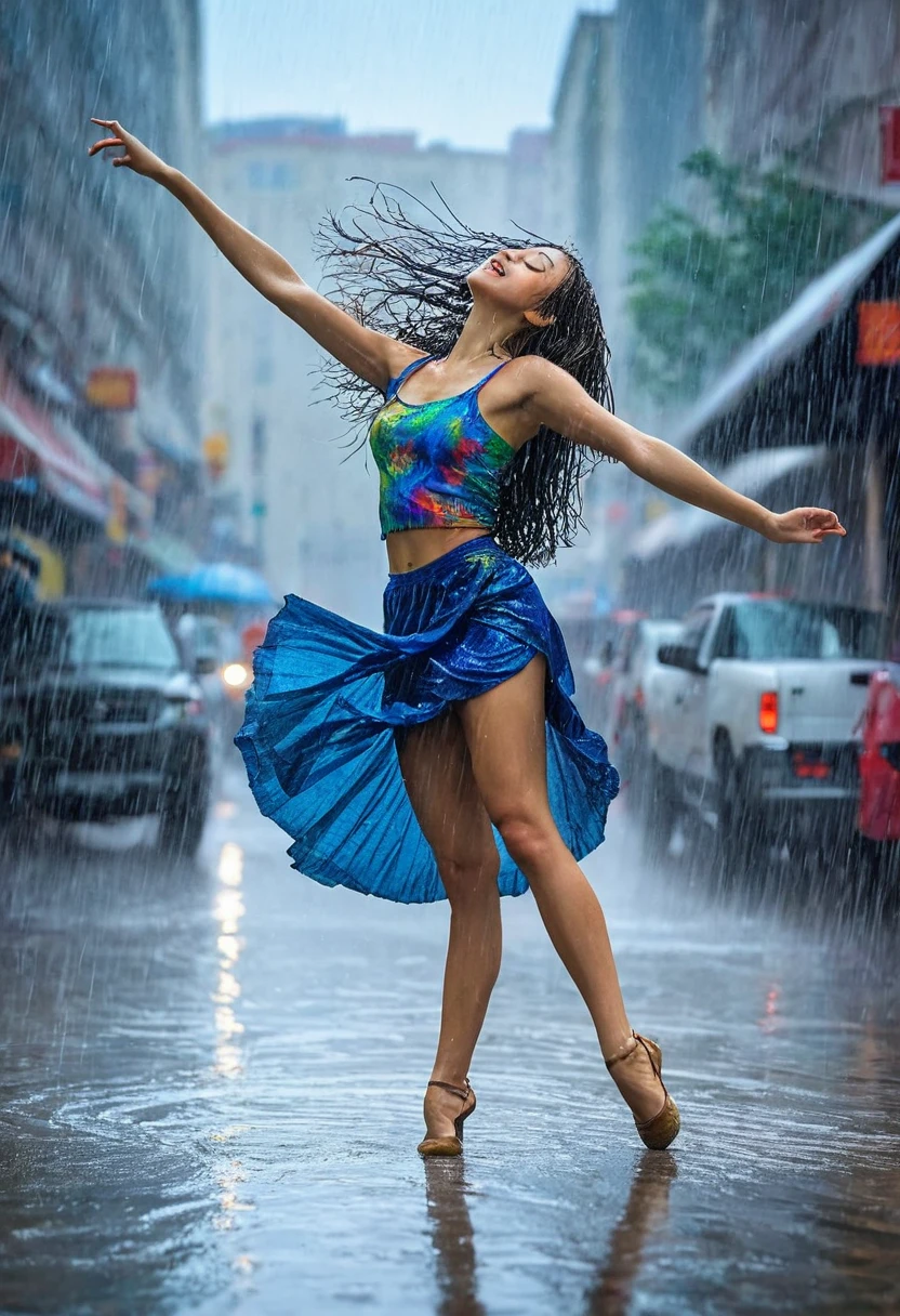 A woman dances in the rain, every step highlighting her vibrant energy with dynamixpoze, masterpiece, best quality, amazing quality, very aesthetic, absurdres.