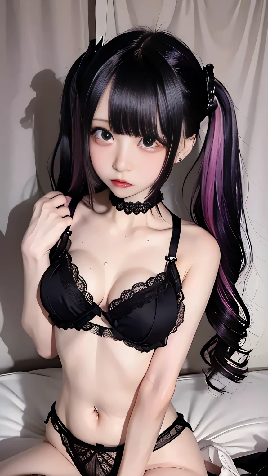 4K - ultra-vivid、highest quality, masterpiece, Ultra-high resolution, (reality: 1.4), 1 girl, Purple eyes, Cinema Lighting、purple and black hair、(Mine Girl、deep makeup)、(Earrings、lots of earrings)、((Heavy makeup、Oilskin,Glowing Skin、Realistic skin texture、Fine and beautiful skin))、blue film photography、(Full Shot:1.8)、Thin legs、Thin、((small Breasts)), whole body、(Room light:-0.8),belly button, cute belly button, belly button outfit,sexy, Lace underwear,on bed,bunches,twin tails,Sensational,women's underwear,bra, thong ，spread legs, curly hair, curly bunches,Black mini lace lingerie, black lingerie, cute bra, cute panties, cute lingerie, lace mini panties, sexy, seductive, in heat, shy, blushing, sexy belly, lying on bed, belly button,{{multicolored bunches}}，her hands on the bed，Twin ponytails，On the bed, lovely bedroom，take off clothes, don't put on clothes,curly double ponytail,Exposing a large area of skin,curls