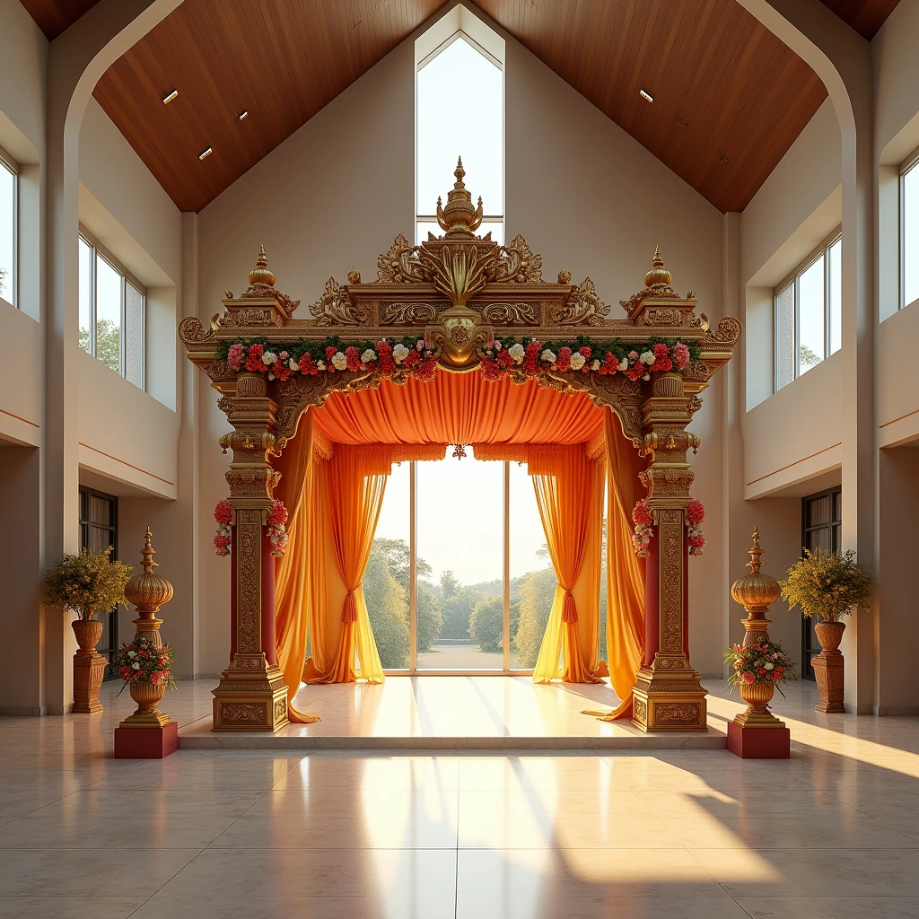 Stage for artists to perform in green colors, red and gold, in an Indian theme celebrating Lord Ganesh in a palace. 