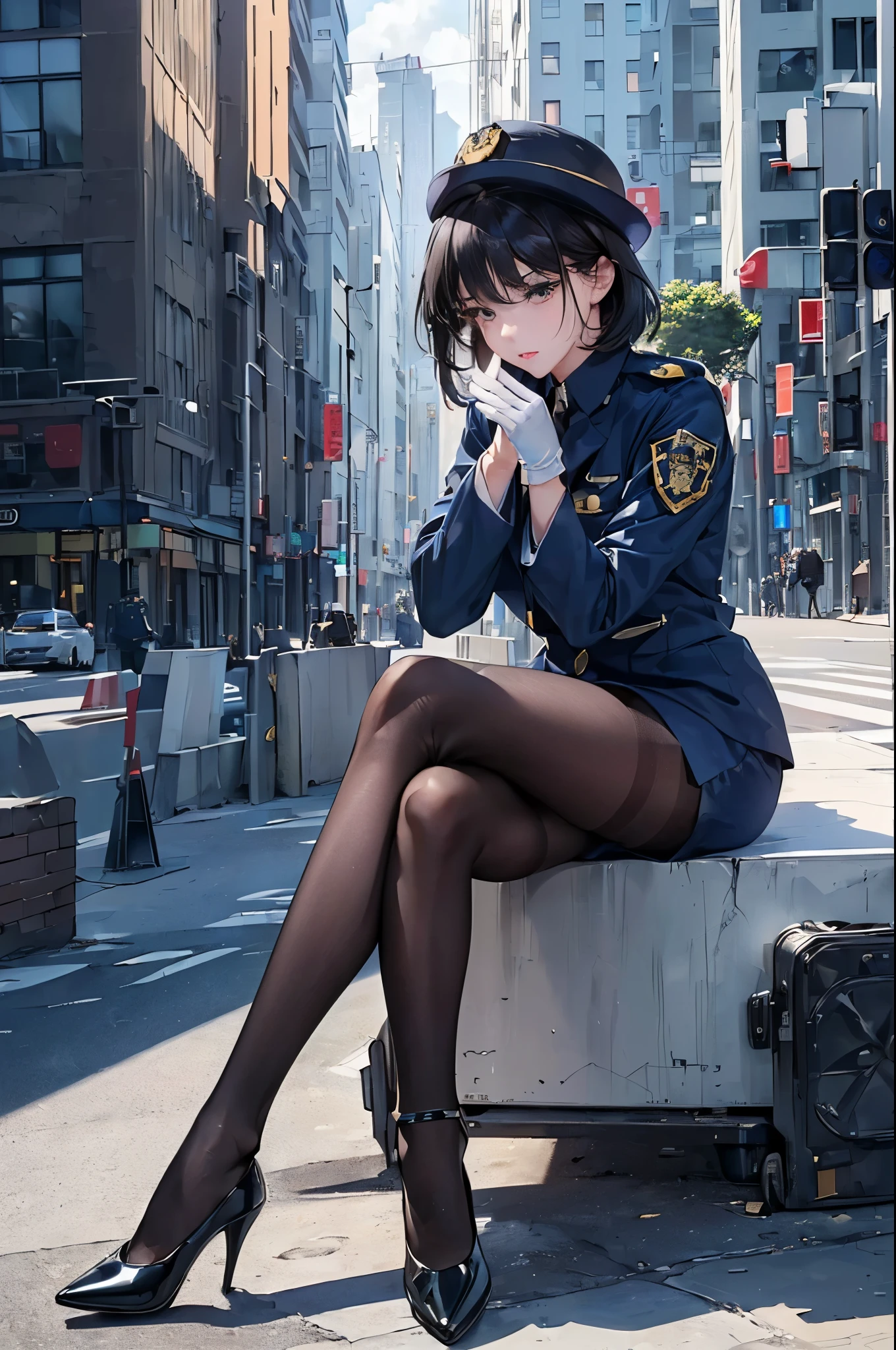 Best Quality、masterpiece、8k、Realistic、超High resolution、Very delicate and beautiful、High resolution、Cinema Lighting、Beautiful woman、Mature Woman、Beautiful Eyes、Cityscape、(Short black hair)、((Navy blue female police officer)),((uniform))((White gloves))、((Black Pantyhose))、((tiletto heel pumps、Police Badge、Epaulettes、((Crossing your legs)),((Whole body expression)),((sit)),((脚を組んでsit)),((Perfect human structure)),((One person)),sfw:1.9,spread legs,,