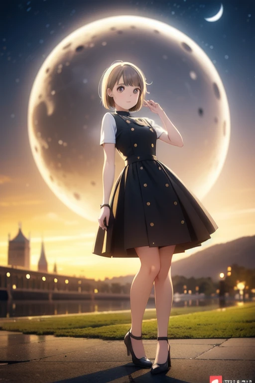 Tan Hair，Bobcut，short hair，ワンレングスBobcut，Asymmetrical hairstyles，Long left hair，Red Eye，nakasu kasumi，Devil Cosplay，night，Valhalla Castle，Outdoor，full moon，