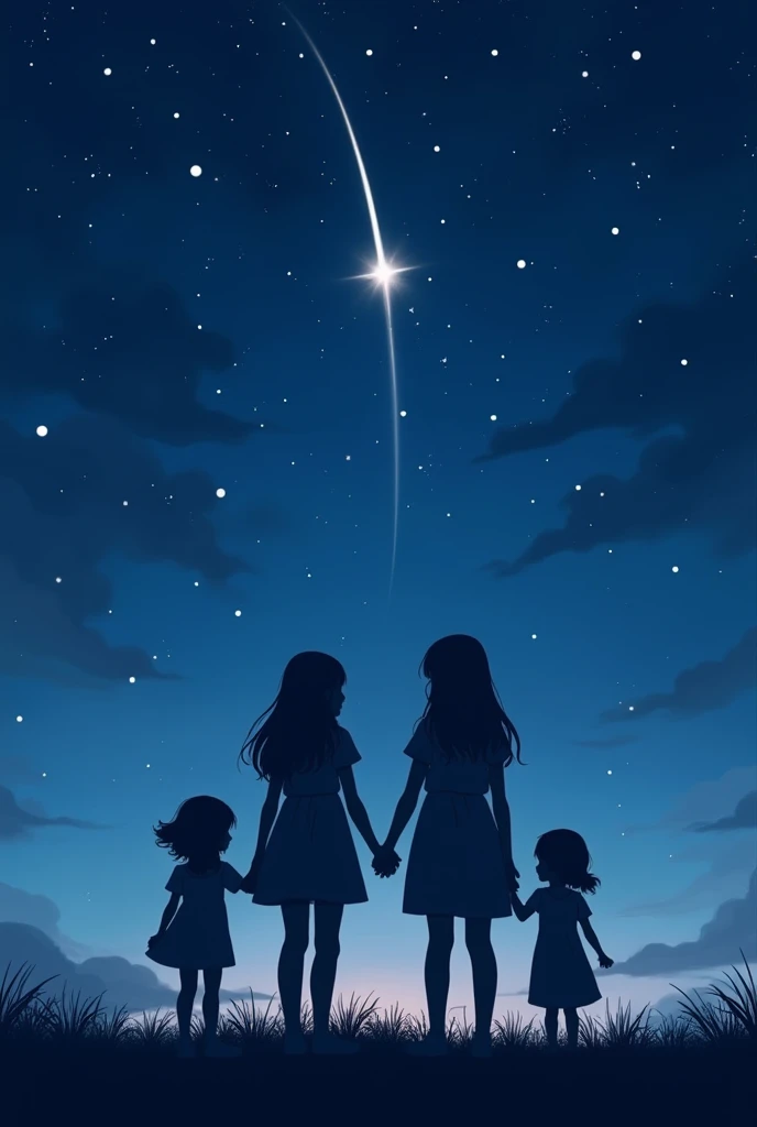 One per month,Turn your back to the front and look up at the night sky、Stars and children、dibujos animados infantiles、Smiling moon cartoon with azure sky and lots of stars cartoon,Children's cartoon holding hands and looking up at the night sky、Cartoons are warm、 Cute and friendly