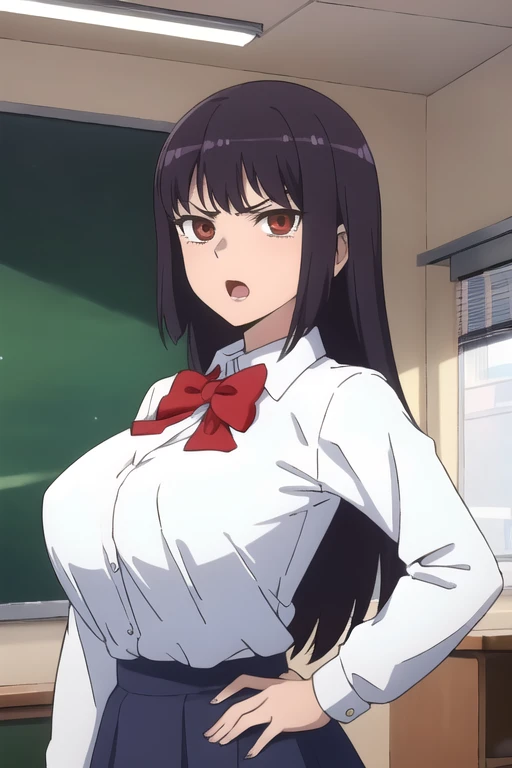 ((best quality)),((highly detailed)),masterpiece,absurdres,detailed face,beautiful face,(detailed eyes, deep eyes),1girl,((dynamic pose)),  sana, purple hair, long hair, solo, red eyes, school uniform, open mouth, bow, gigantic breasts, chalkboard, classroom, cowboy shot, school, indoors, hand on hip, desk, shirt, angry, looking at viewer, dress shirt