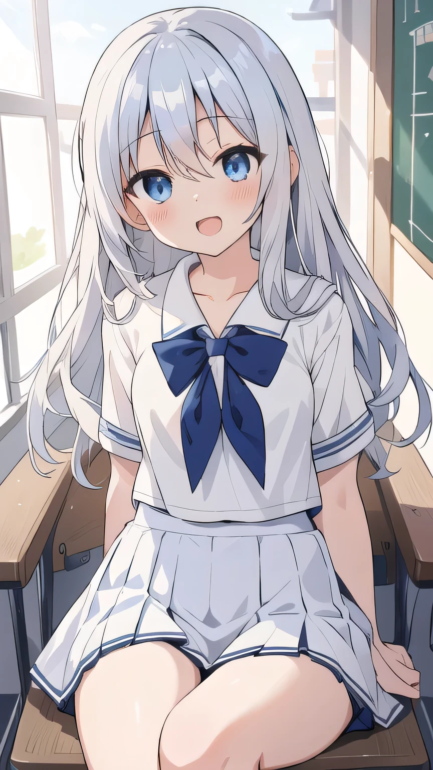 cute girl, アニメ, silver hair, straight hair, Blue eyes, (young:0.9), (small bust:0.5), (cute:1.3), (middle bust:0.8), (cute girl:1.2), cowboy shot, cute, side shot, (Smail:1.3), open mouth, backwards, (white school uniform:1.6), (dark blue skirt:1.6), ローアングル, close eyes, (cross legs:1.2), (seduce:1.4)