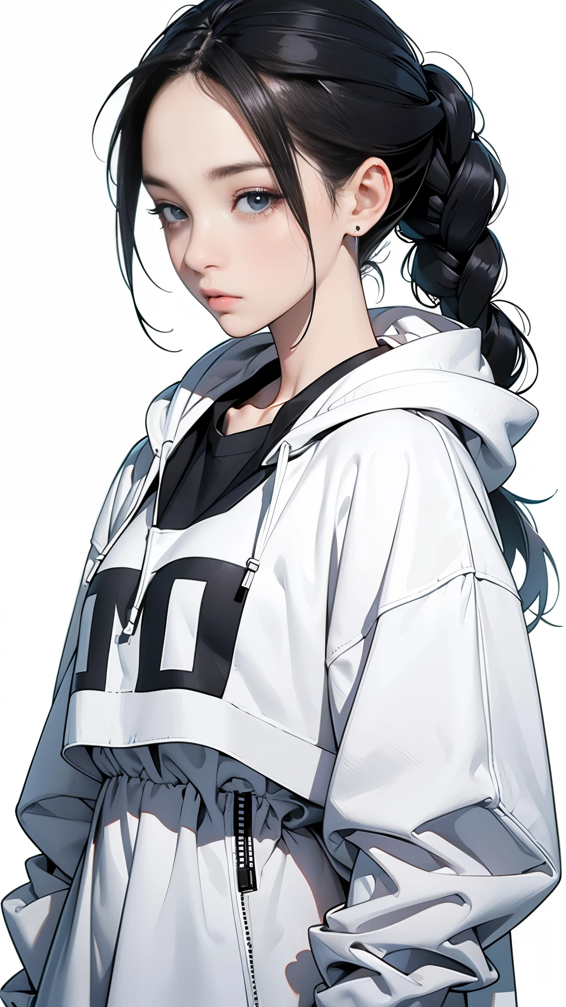 White background、Pure white background、Blank Background、Just standing girl, Only One Girl、,Ultra-high resolution, Best Quality、☠hoodie、Flat Chest、Beautiful details、Black Hair、French Braid:1.48、Serious expression、 💀mark&#39;白いhoodie、Black pleated skirt、Large military boots,Look at, Cowboy Shot, Ahoge, 