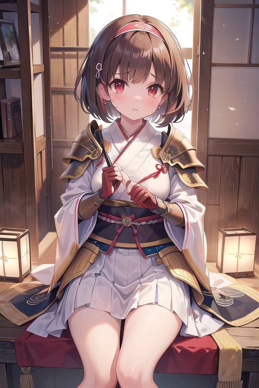 Beautiful illustrations、(masterpiece、Best Quality、8k ), (Beautiful details), Highly detailed face, Perfect lighting, Extremely detailed CG, (Perfect hands, Perfect Anatomy), 1 cute girl,Girl, Cute Face, Tears((Serious)), amount, Bobcut, Brown Hair, ((Swept-apart bangs)), Red eyes, Angled eyebrows, 	(japanese armor:1.2),japanese breastplate, japanese clothes,gloves,japanese sword,(japanese hair band:1.2),thin,  Thighs、