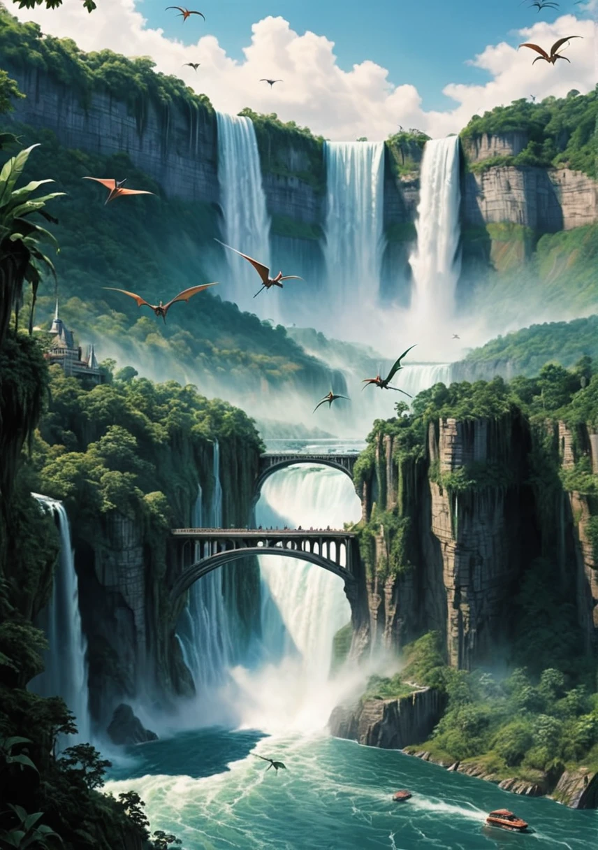 The mighty Niagara Falls、Dreamland Castle built over a waterfall、A river that connects to the distance、Big Pteranodon flying、Beyond the waterfall is the jungle、Shooting from above at an angle、Like a movie、