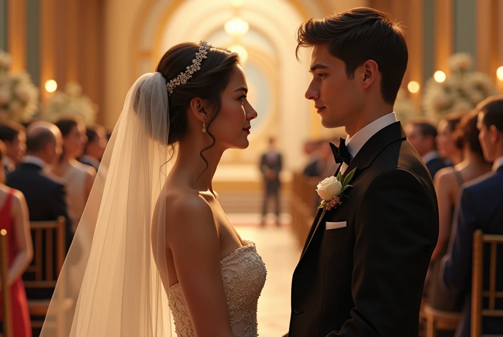 Prompt 2: Inside a beautifully decorated golden ballroom, a young man takes a step forward, holding a small, elegant ring in his hand. He kneels down on one knee before a woman, offering the ring with a hopeful smile. Her eyes light up with joy and surprise, and she places her hand in his, saying yes to his proposal to be his forever.