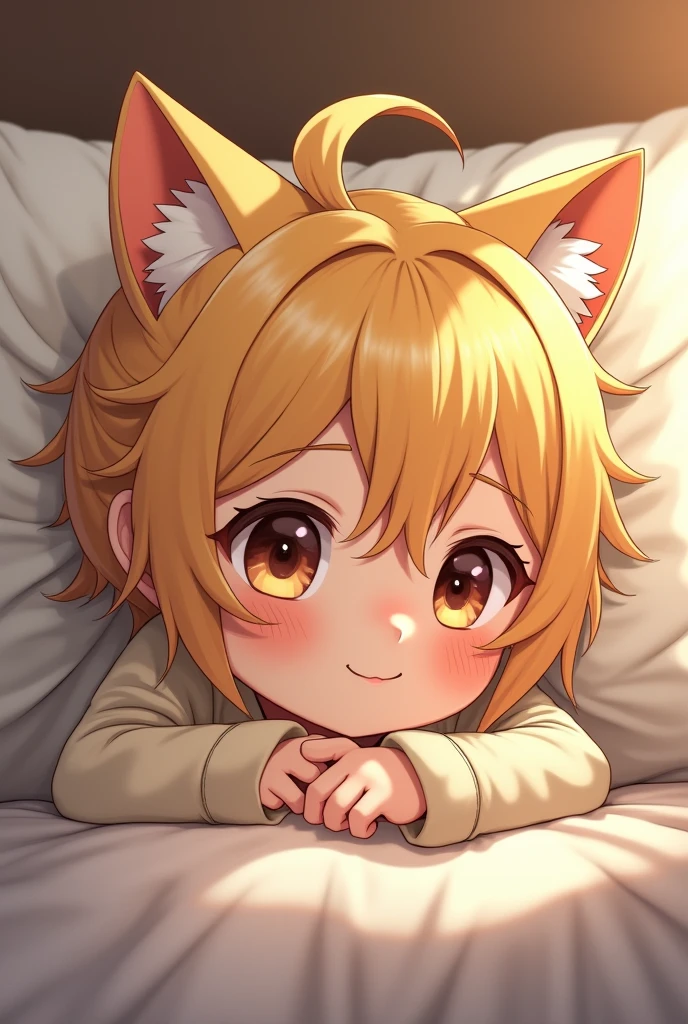 Short reddish yellow hair, super small stature, cat ear, sitting in bed, pink dress, smiling, furro
