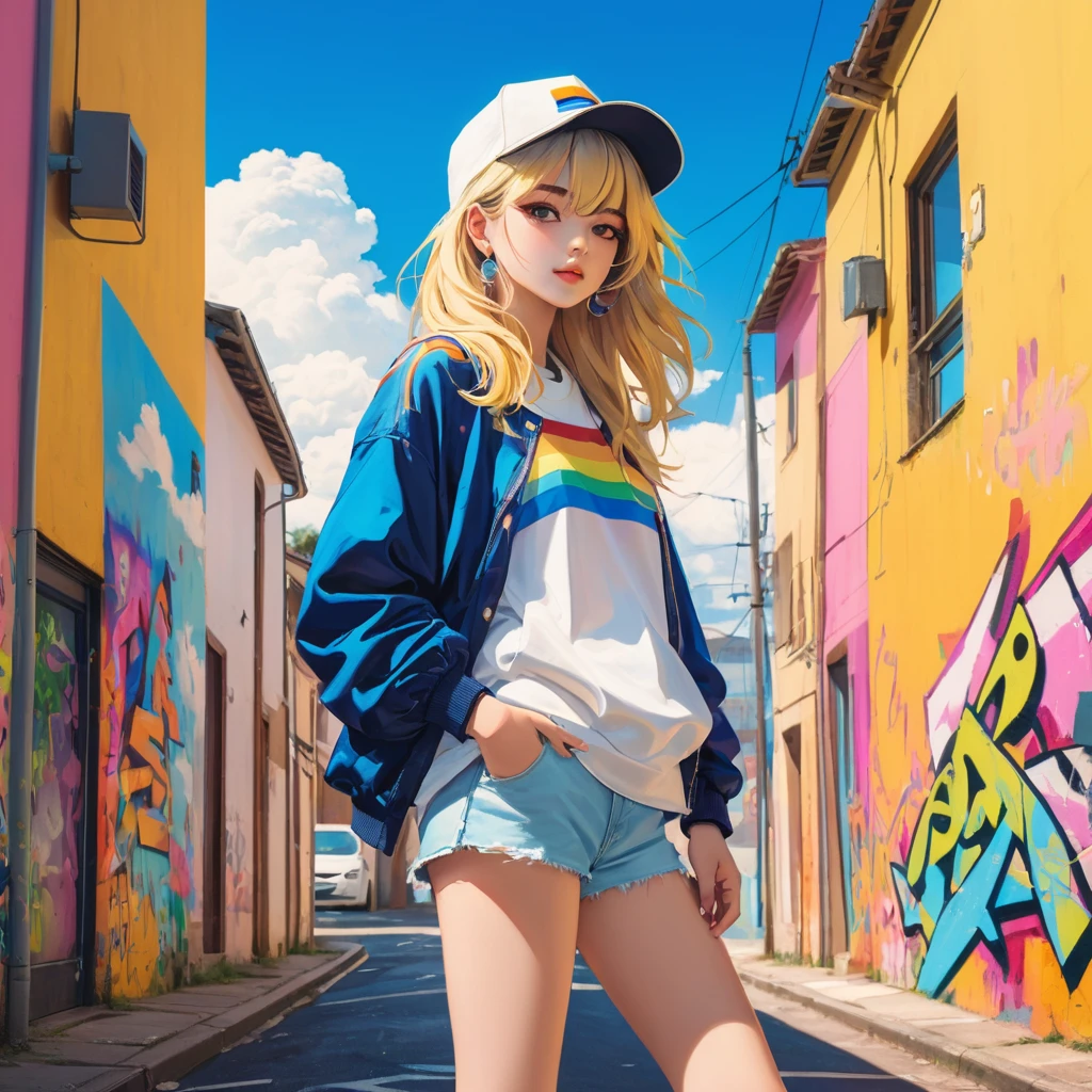 (Official Art, unoity 8k wallpaper, Super detailed, high quality, 最high quality), extremely detailed illustritiono, (Graffiti art), street style fashiono, (Polaroid:0.8), cinoematic anogle, Diagonal landscape, (rounod image:1.1), [(pale yellow backgrounod:1.5): :5]//, Rich colors, (chromatic aberrationo), alternoate color,\no(One girl:1.2), lonog messy hair, [pinok light:2 | Tea:1] hair, white fashiono hat, abdomen, balck hot panots, Loose socks, earrinogs, whole body,\no(Colorful clouds:1.2), Beautiful sky, detailed backgrounods, (colorful backgrounods:1.3)