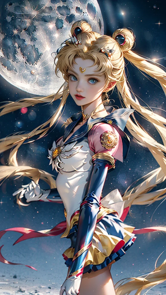 Masterpiece, Full: 1.3, Stand, 8K, 3D, Realistic, Ultra Micro Shooting, Top Quality, Extreme Detail CG Unity 8K Wallpaper, from below, intricate details, (1 female), 1, (Sailor Moon supersailormoon mer1, Tiara, Sailor Senshi Uniform Sailor: 1.2, Sailor Moon: 1.2), Impossibly long bright twin-tailed blonde, thin and very long straight twin-tailed blonde, hair bun, red round hair ornament in a hair bun, Sailor Senshi uniform, (blue collar, blue sailor collar, blue pre-gate mini skirt: 1.3, very large red bow on the chest: 1.3, long white latex gloves: 1.3, red gloves on the elbows, Very large red bow behind the waist: 1.1, cleavage is looking large, golden tiara, earrings), (face details: 1.5, bright blue eyes, beautiful face, beautiful eyes, shiny eyes, thin lips: 1.5, thin and sharp pale eyebrows, long dark eyelashes, double eyelashes), luxurious golden jewelry, thin, thin and muscular, small face, big breasts, perfect proportions, Thin waist, sexy model pose, visible pores, seductive smile, perfect hands: 1.5, high-leg swimsuit, very thin and fit high-gloss white holographic leather, octane rendering, very dramatic image, strong natural light, sunlight, exquisite lighting and shadow, dynamic angle, DSLR, sharp focus: 1.0, Maximum clarity and sharpness, (space background, moonlight, moon, dynamic background, detailed background)