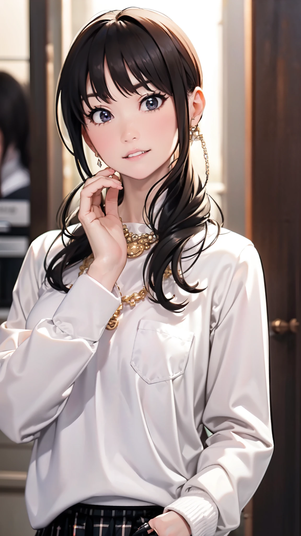 (masterpiece, best quality, beautiful and aesthetic:1.0), (1woman), Elegant mature woman, bright black hair, (small breast:1.0), ((White sweater, Long sleeve, Black skirt, plaid skirts, Fashionable, 1 diamond necklace)), ((hands in my pocket)), open neckline, small details, detailed face, discreet key, Pure erotic face ace_V1, Condescending, embarrassed,