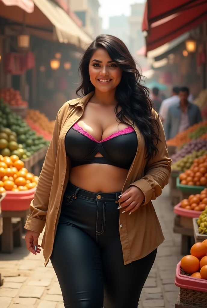 A beautiful gorgeous plump Indian 45-year-old woman wearing bra panty, huge breast, long hair, cleavage, hot body curves, smiley face, sexy ass in panty, bending body pose in vegetable market,