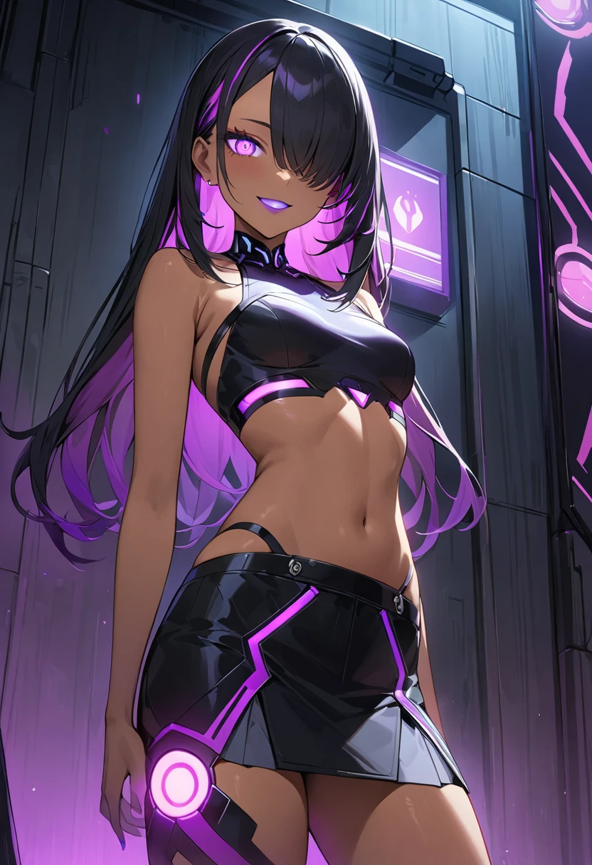 A girl,( dark blue long hair), body piercings, pink eyes, Little elven ears, ((Transparent jacket, Under the jacket, The bra is black, tight skirt))
