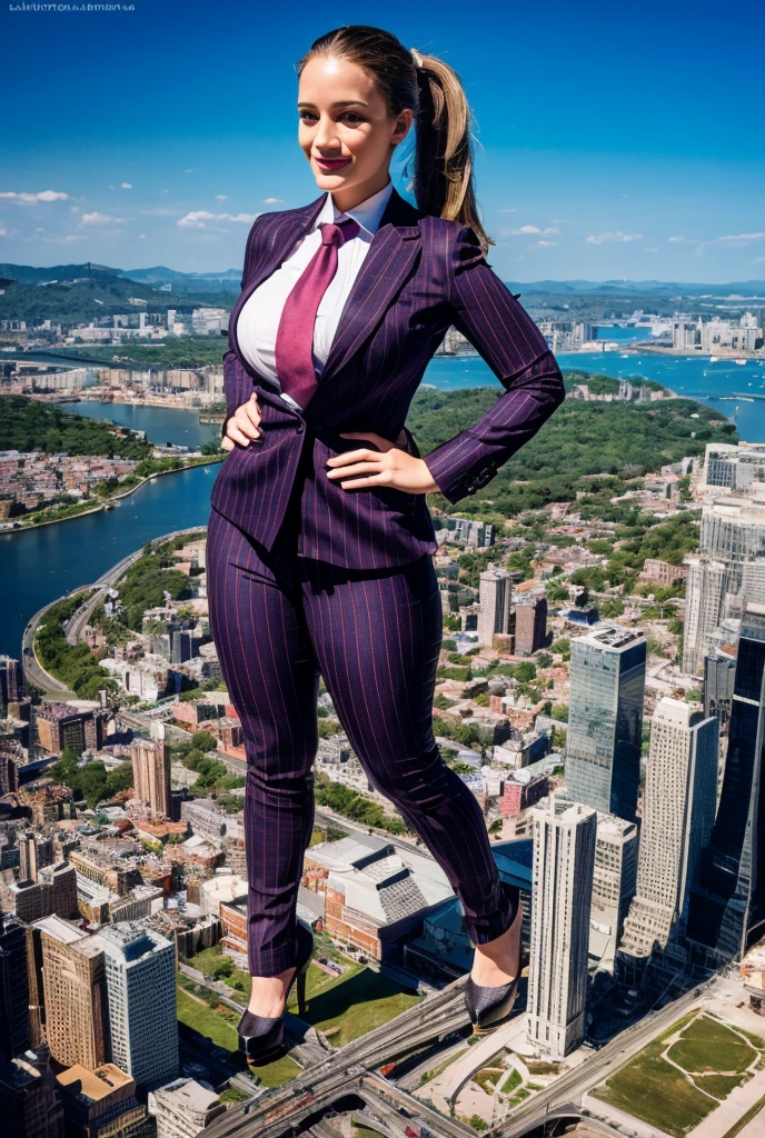 (photorealism:1.2), kat dennings young massive giantess standing on a planet, beautiful bbw schoolgirl a massive curvy blonde ponytail red lips wearing a perfect grey pinstripe suit with a large windsor knot and a wide dark purple necktie, large collar large breasts. Platform high heels , standing, giantess art, highly detailed giantess shots, giantess, most detailed, perfect face, Two legs, Five fingers, short hair, A high school girl who is bigger than a skyscraper, standing on very small city, skyscarpers at their feet, skyscrapers small, smile, huge breasts, major metropolis, numerous Destroying cities, Under heavy attack, A very small big city, Miniature metropolis, Full body description, GTS, giga giantess, gigagts, stomping city, crash city, tiny city, micro city, , High resolution, highest quality, masterpiece, pov over city, looking down at tiny city