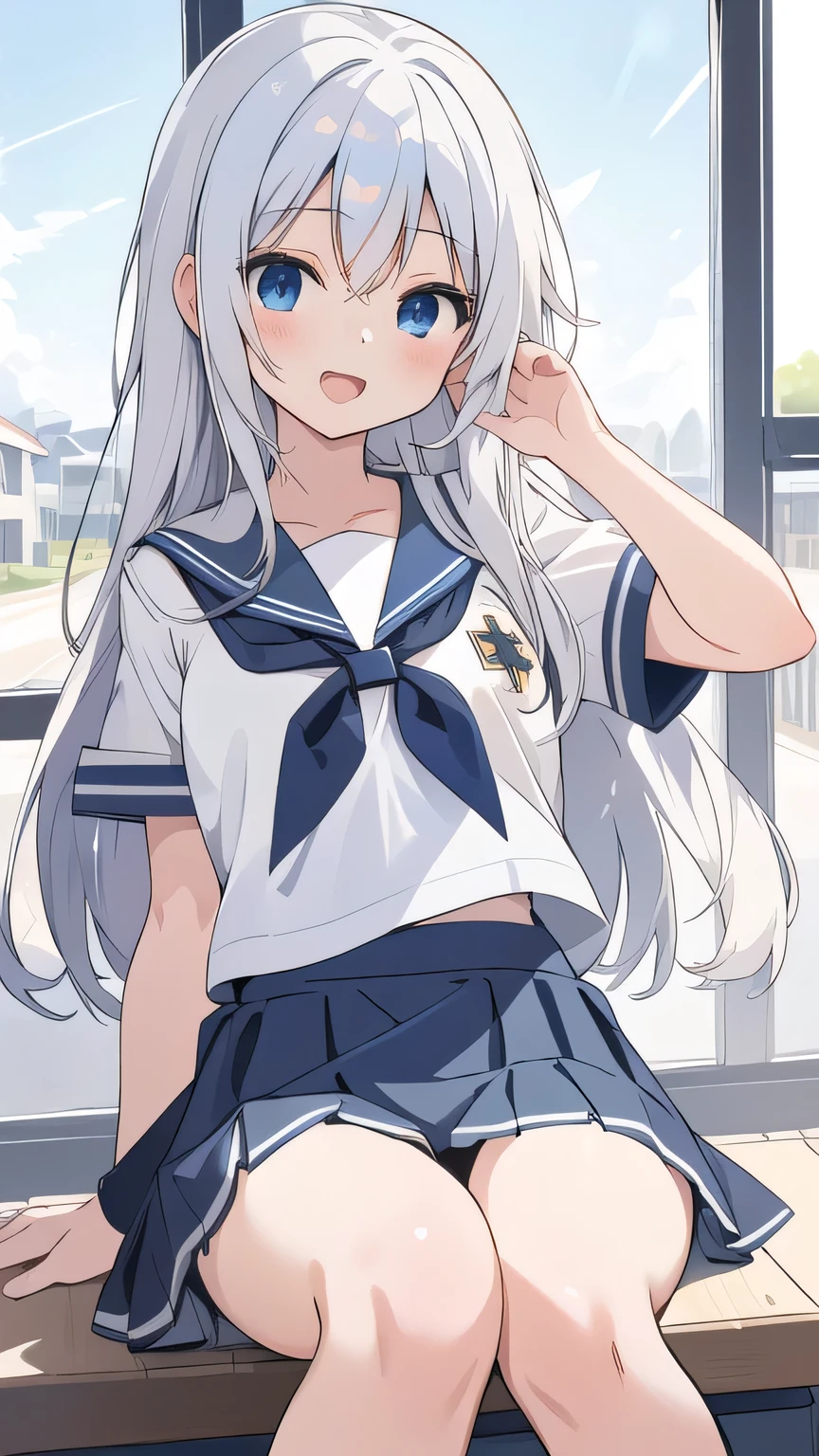 cute girl, アニメ, silver hair, straight hair, Blue eyes, (young:0.9), (small bust:0.5), (cute:1.3), (middle bust:0.8), (cute girl:1.2), cowboy shot, cute, side shot, (Smail:1.3), open mouth, backwards, (white school uniform:1.6), (dark blue skirt:1.6), ローアングル, close eyes, (cross legs:1.2), (seduce:1.4)