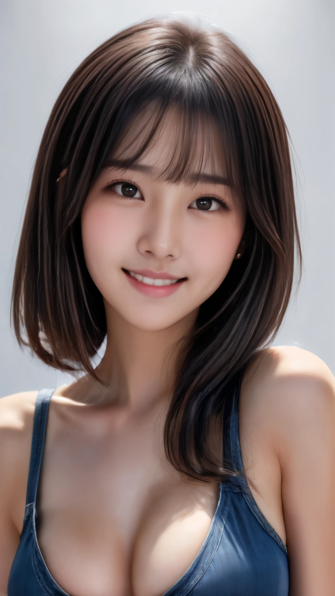 background removal,background transparency,1girl,white T-shirt,seductive_smile,denim_shorts,curvy,light_blush,brown_eyes,highres,absurdres,incredibly_absurdres,adult,brown hair,two-tone hair,front,looking at camera,Japanese,slender,(center:1.6),I can't see the hair,portrait,Eyes Wide Open,short ponytail,(Directly in front:1.5),(frontal face:1.8),(medium breasts:1.6),(close-up:1.6),