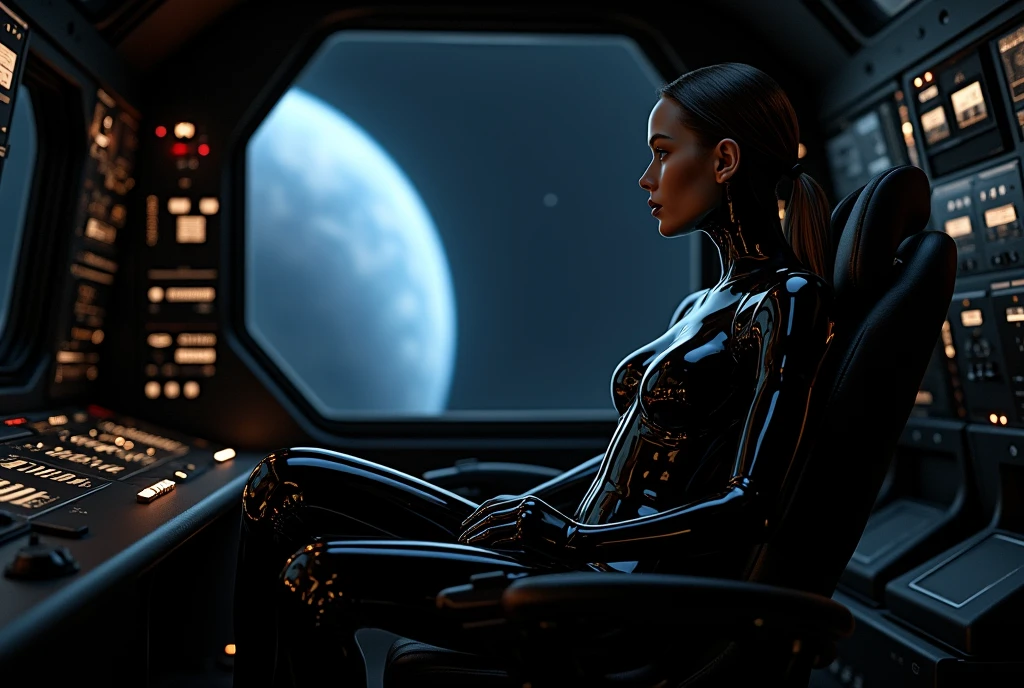 Spacecraft of the future、Cabin overlooking the galaxy、Full metal body sexy gynoid、Nice proportions、Sitting in the cockpit and holding the control stick