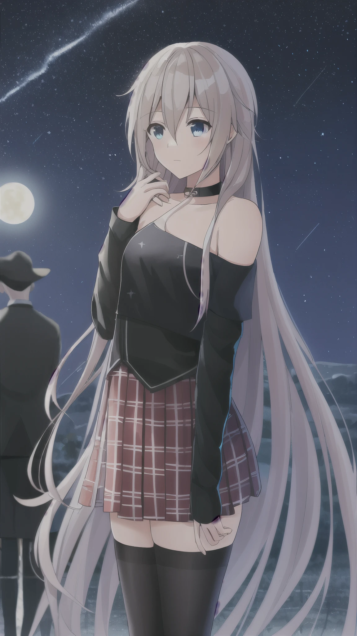 masterpiece, best quality, 8K, perfect anatomy, one girl, IA, VOCALOID, beautiful girl, off shoulder, standing, close to girl, cowboy shot, red and white plaid skirt, moonlight, model-like style, black tights, night sky, starry sky, mysterious girl, pray for stars, girl focus, seriously