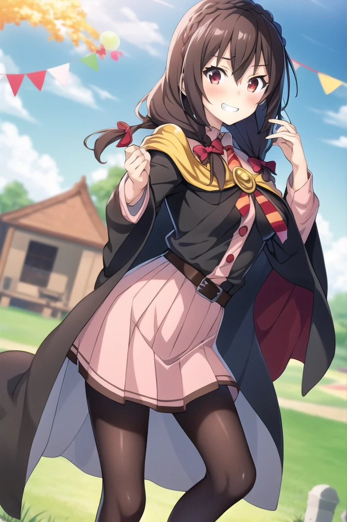 (masterpiece, best quality), anime、1girl,    yunyun,long hair,braid,twintails,hair between eyes,hair bow,hair ornament,large breasts,(cape:1.2),necktie,shirt,pink shirt,long sleeves,belt,pink skirt,pantyhose,loafers,brown footwear、(Grinning)、(blush)、blue sky、lawn、Crimson Eyes、Hand on cheek