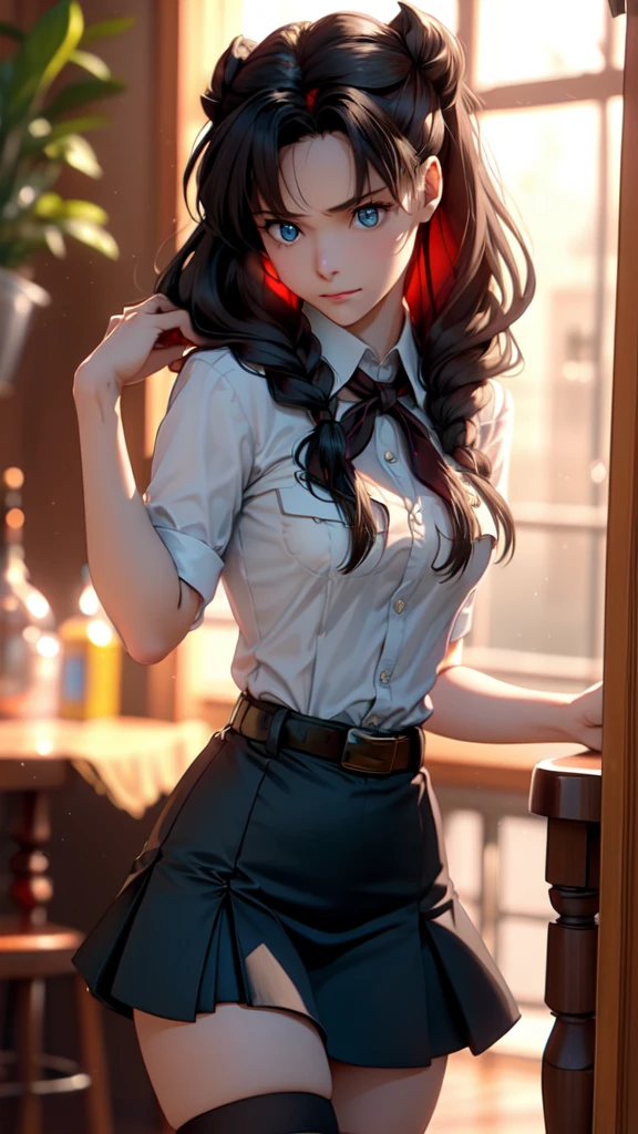 very young slim fit girl, full height, rounded face, big blue eyes, shy smile, perfect flat breast, pioneer neckerchief, micro tight blue pleated skirt, bangs, tight white shirt, short sleeves, collared shirt, belt, red neckerchief, breast pocket, braid, hair ribbon, blue ribbon, short blonde hair, hair bun, saber, (disheveled very long dark hair:1.4), ponytails, big blue eyes, shy smile, perfect medium breast, high black stockings, Rin Tohsaka