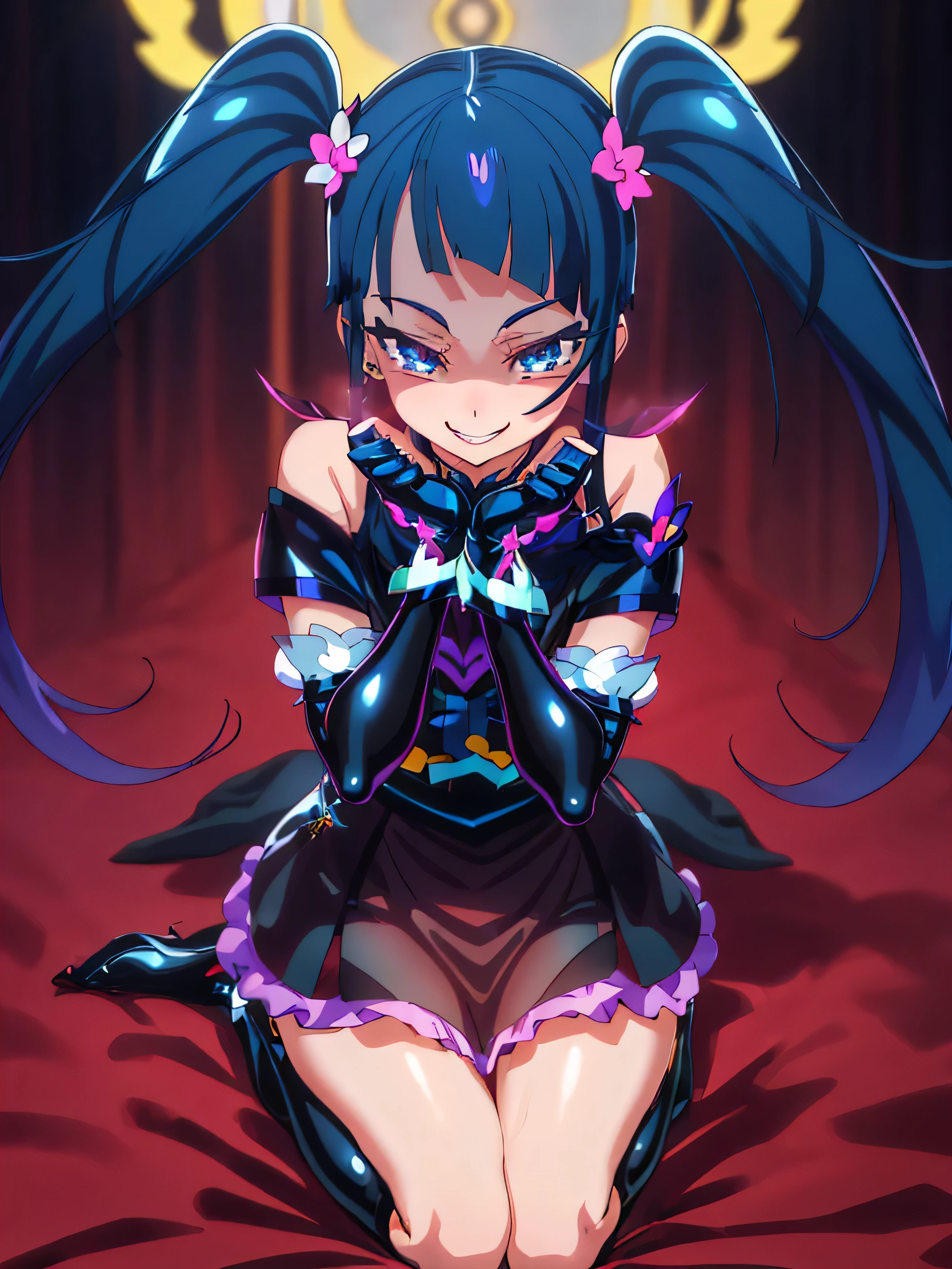 Highest quality, Super detailed,One girl, alone, {cure_null_hirogarunullprecure:1.15}, Dark blue hair, blue eyes, Blue flames in the eyes, Long Hair, Twin tails, Magical girl, bangs, Open your mouth, Redhead, multicoloRedhead, One girl, blunt bangs, Darken your clothes, hair ornaments, Wicked Smile, devilish aura (Shiny fabric:1.5), Full Body Shot, Purple Gemstone, Fascinating, blush, (Beautiful attention to detail:1.6), Highly detailed face, Perfect lighting, Highly detailed CG, (Perfect hands, Perfect Anatomy), devil, Red and black color scheme, Shiny material, Grin, blackリボン, Black satin gloves, Evil clover leaf ornament, Black ruffles, jewelry, corruption, Latex gloss, Black Gothic Cloak, Wicked Smile, Dark world background, Red Moon, cloudy null, CG Style, One-sided black wing,deep shaded face,sadistic smile,Malice,contempt,laugh at,black