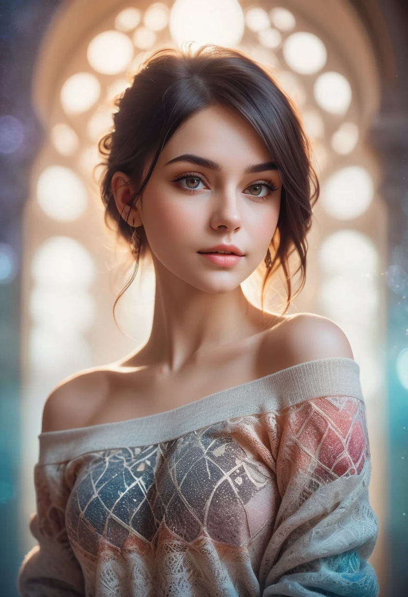 1 girl,Mysterious girl ,Exotic girl wearing off-shoulder sweater,Faded backlit background,Soft colors,seductive goddess,amazing depth,double exposure,Surreal,geometric pattern,intricate details,Bokeh,Perfect balance,deep thin border,DISNEY Style