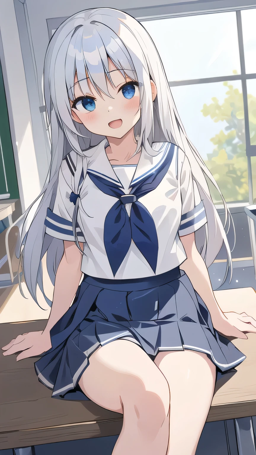 cute girl, アニメ, silver hair, straight hair, Blue eyes, (young:0.9), (small bust:0.5), (cute:1.3), (middle bust:0.8), (cute girl:1.2), cowboy shot, cute, side shot, (Smail:1.3), open mouth, backwards, (white school uniform:1.6), (dark blue skirt:1.6), ローアングル, close eyes, (cross legs:1.2), (seduce:1.4)