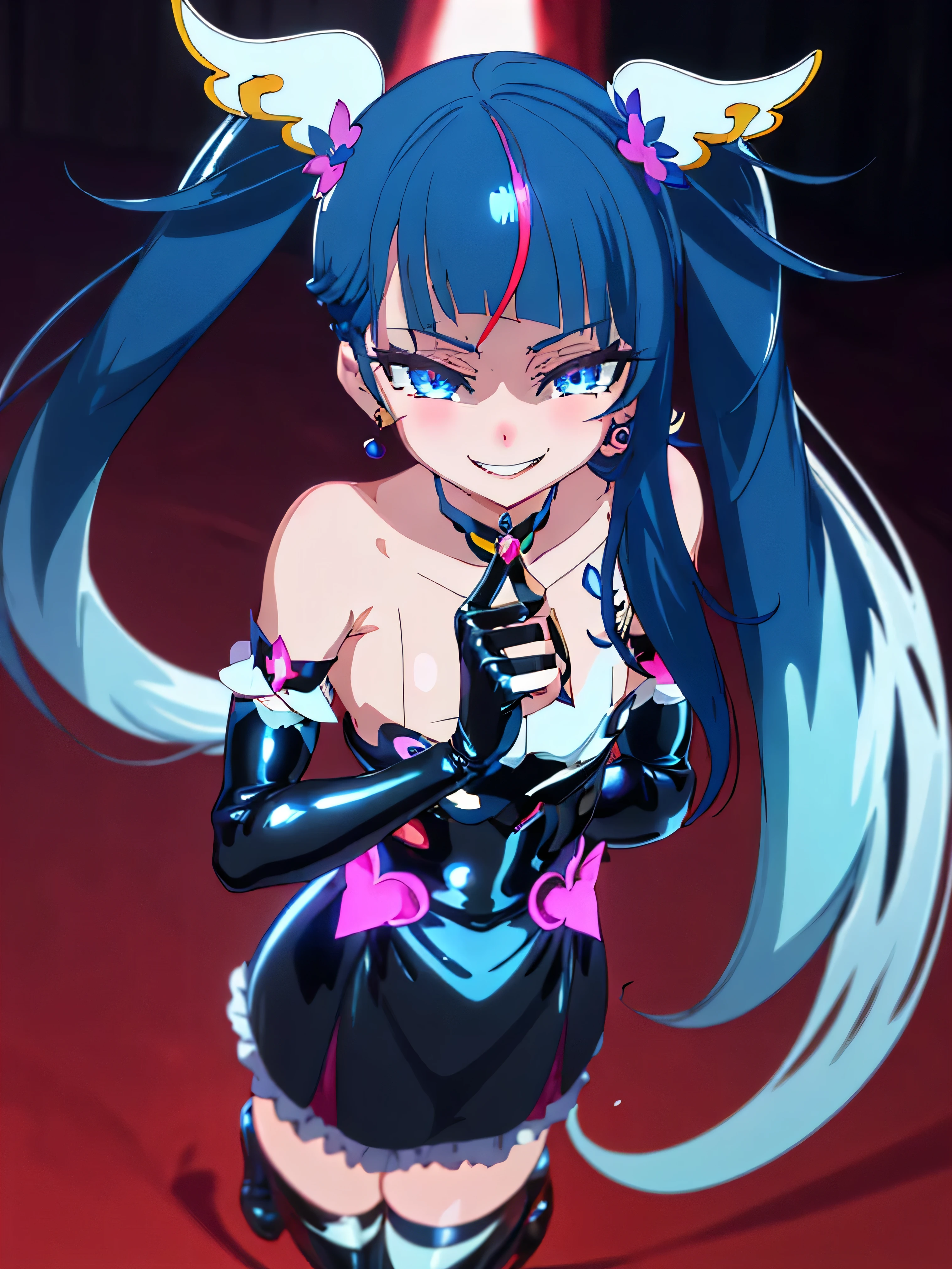 Highest quality, Very detailed,One Girl, alone, {cure_null_hirogarunullprecure:1.15}, Dark blue hair, blue eyes, Blue flames in the eyes, Long Hair, Twin tails, Magical girl, bangs, Open your mouth, Redhead, multicoloRedhead, One Girl, blunt bangs, Darken your clothes, hair ornaments, Wicked Smile, devilish aura (Shiny fabric:1.5), Full Body Shot, Purple Gemstone, attractive, blush, (Beautiful attention to detail:1.6), Very detailed顔, Perfect lighting, Extremely detailed CG, (Perfect hands, Perfect Anatomy), devil, Red and black color scheme, Shiny material, Grin, Black ribbon, black satin gloves, Evil clover leaf ornament, Black frills, jewelry, corruption, Latex Gloss, Black Gothic Cape, Wicked Smile, Dark World Background, , cloudy null, CG Style, One-sided black wing,Dark shadowed face,Sadistic smile,Malice,Contempt,smile,black,Perfect hands,Perfect body,shiny latex Elbow full gloves,Perfect face,