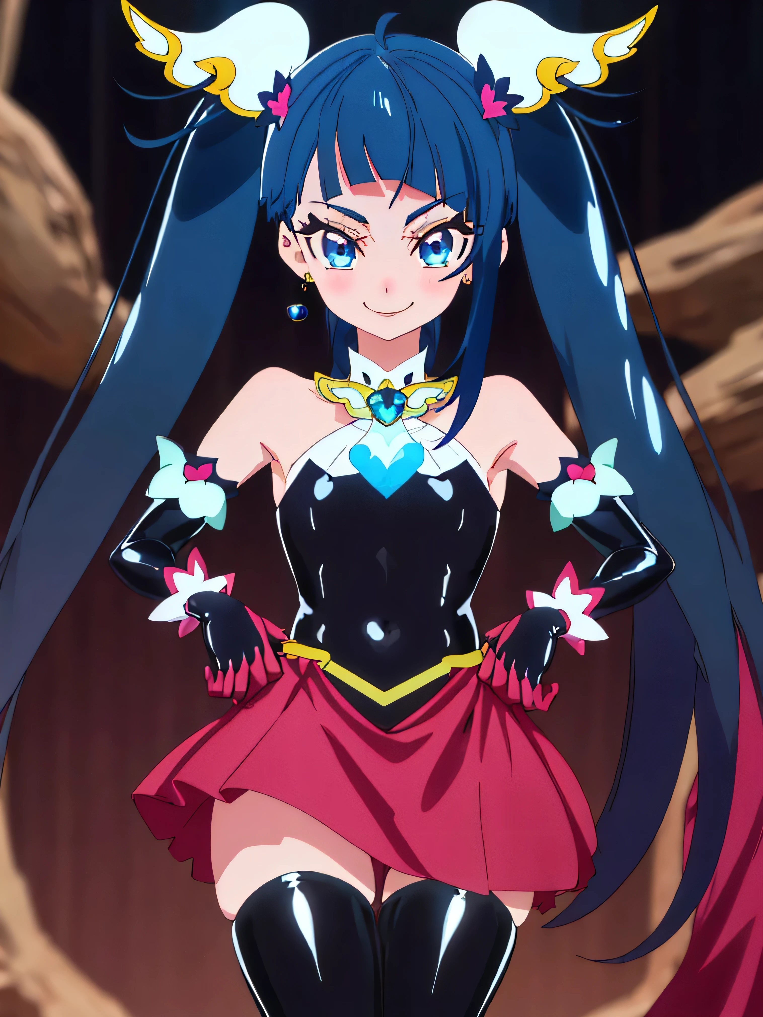 Highest quality, Very detailed,One Girl, alone, {cure_null_hirogarunullprecure:1.15}, Dark blue hair, blue eyes, Blue flames in the eyes, Long Hair, Twin tails, Magical girl, bangs, Open your mouth, Redhead, multicoloRedhead, One Girl, blunt bangs, Darken your clothes, hair ornaments, Wicked Smile, devilish aura (Shiny fabric:1.5), Full Body Shot, Purple Gemstone, attractive, blush, (Beautiful attention to detail:1.6), Very detailed顔, Perfect lighting, Extremely detailed CG, (Perfect hands, Perfect Anatomy), devil, Red and black color scheme, Shiny material, Grin, Black ribbon, black satin gloves, Evil clover leaf ornament, Black frills, jewelry, corruption, Latex Gloss, Black Gothic Cape, Wicked Smile, Dark World Background, , cloudy null, CG Style, One-sided black wing,Dark shadowed face,Sadistic smile,Malice,Contempt,smile,black,Perfect hands,Perfect body,shiny latex Elbow full gloves,Perfect face,