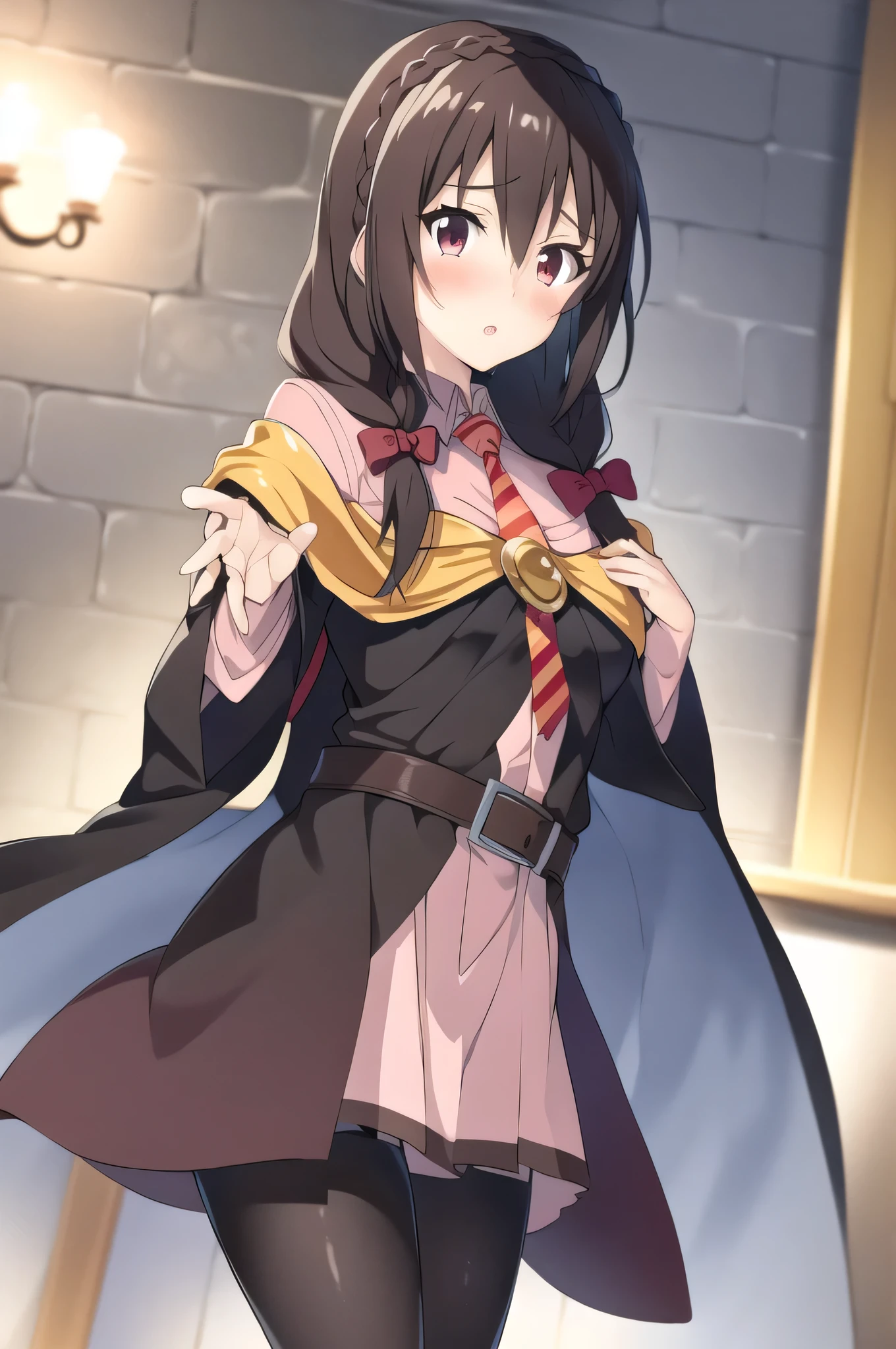 (masterpiece, best quality), anime、1girl,  Kiss the viewer、  yunyun,long hair,braid,twintails,hair between eyes,hair bow,hair ornament,large breasts,(cape:1.2),necktie,shirt,pink shirt,long sleeves,belt,pink skirt,pantyhose,loafers,brown footwear、(blush)、blue sky、lawn、Crimson Eyes、