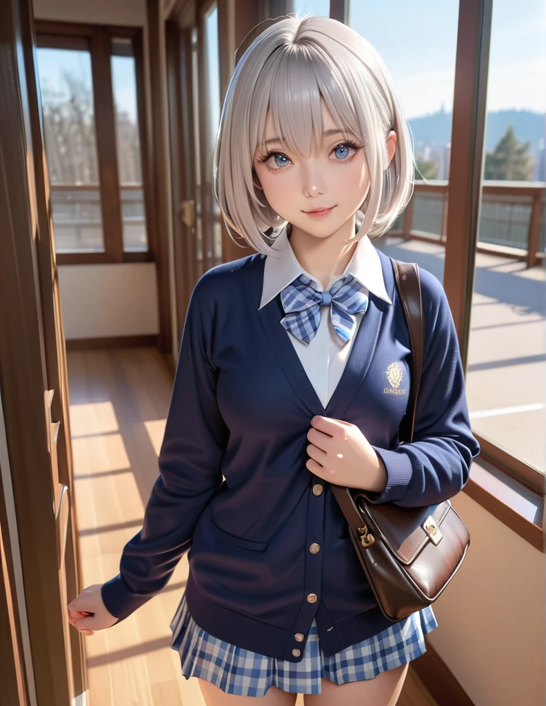 (masterpiece,best quality:1.4),(photo realistic:1.2), (cute, hdr, 32K, high details, perfect lighting, perfect anatomy), BREAK (shiny silver hair:1.2), (bob cut, bang between eyes, beautiful hair), (glossy silver eyes:1.5), (beautiful eyes, twinkle eyes, large eyes), (athlete body, large breasts), cute face, beautiful face, pretty face, beautiful, best quality, good anatomy, long eyelashes, expressive eyes, Perfect Hands, perfecteyes, BREAK cute school uniform, outerwear is (dark navy large cotton cardigan:1.5), closed front, long sleeves, (button-up:1.3), (dark navy tops:1.5), innerwear is white collared shirt, (light blue gingham plaid ribbon on neck), light blue gingham plaid pleated skirt, mini skirt, white socks, loafers, holding school bag, BREAK 1girl, at (10:00 O'clock, morning, blue sky, sunshine, bright), school yard, cheer,smile, contrapposto, seductive eyes