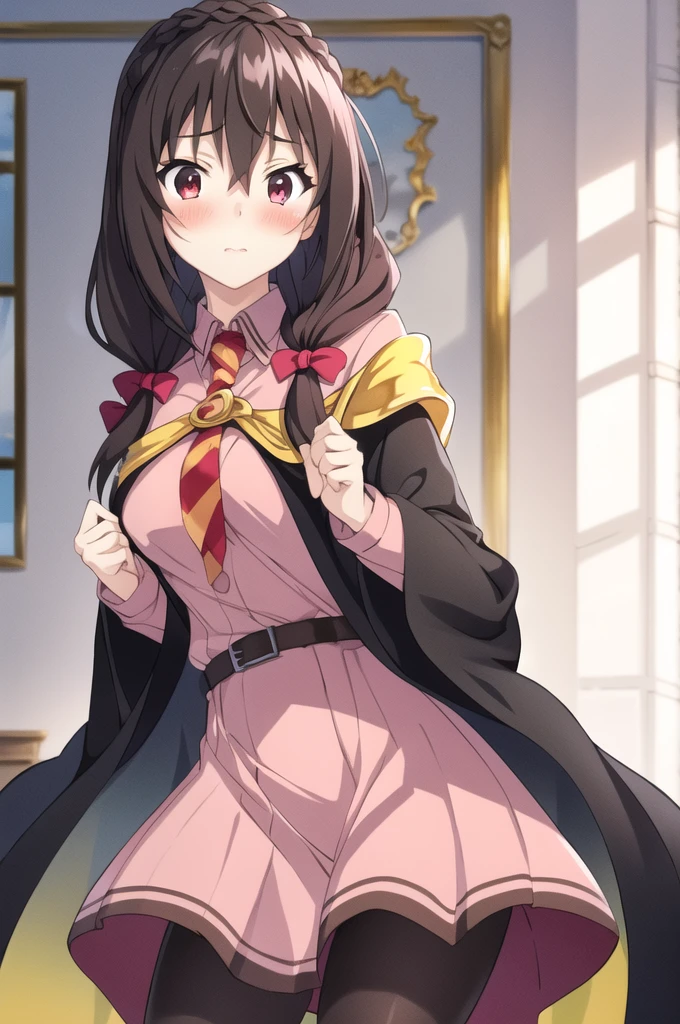 (masterpiece, best quality), anime、1girl,  Kiss the viewer、  yunyun,long hair,braid,twintails,hair between eyes,hair bow,hair ornament,large breasts,(cape:1.2),necktie,shirt,pink shirt,long sleeves,belt,pink skirt,pantyhose,loafers,brown footwear、(blush)、blue sky、lawn、Crimson Eyes、Anxious expression