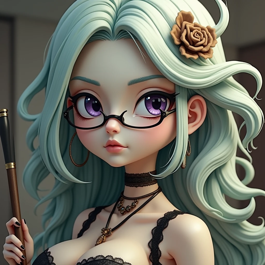 Loli linda chica, cuerpo completo, Cabello atascado, cabello suelto, tetas grandes, gafas, ojos detallados, Sonrisa detallada, ((nude)), (pubic hair), Modelar , Detalles detallados, Mostrar la espalda a la cama, holographic,  Fondo color gris