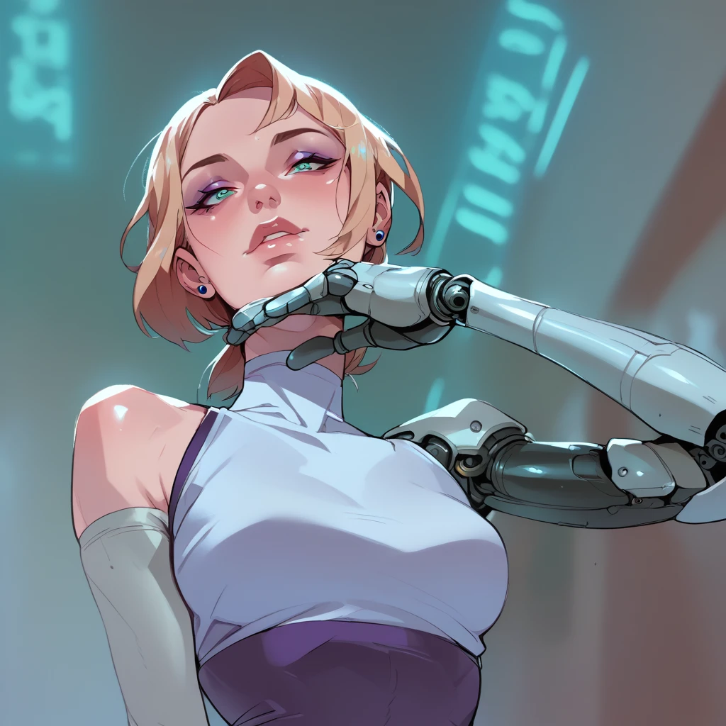 In a room full of robotic arms at the lab、A robot girl is being manufactured